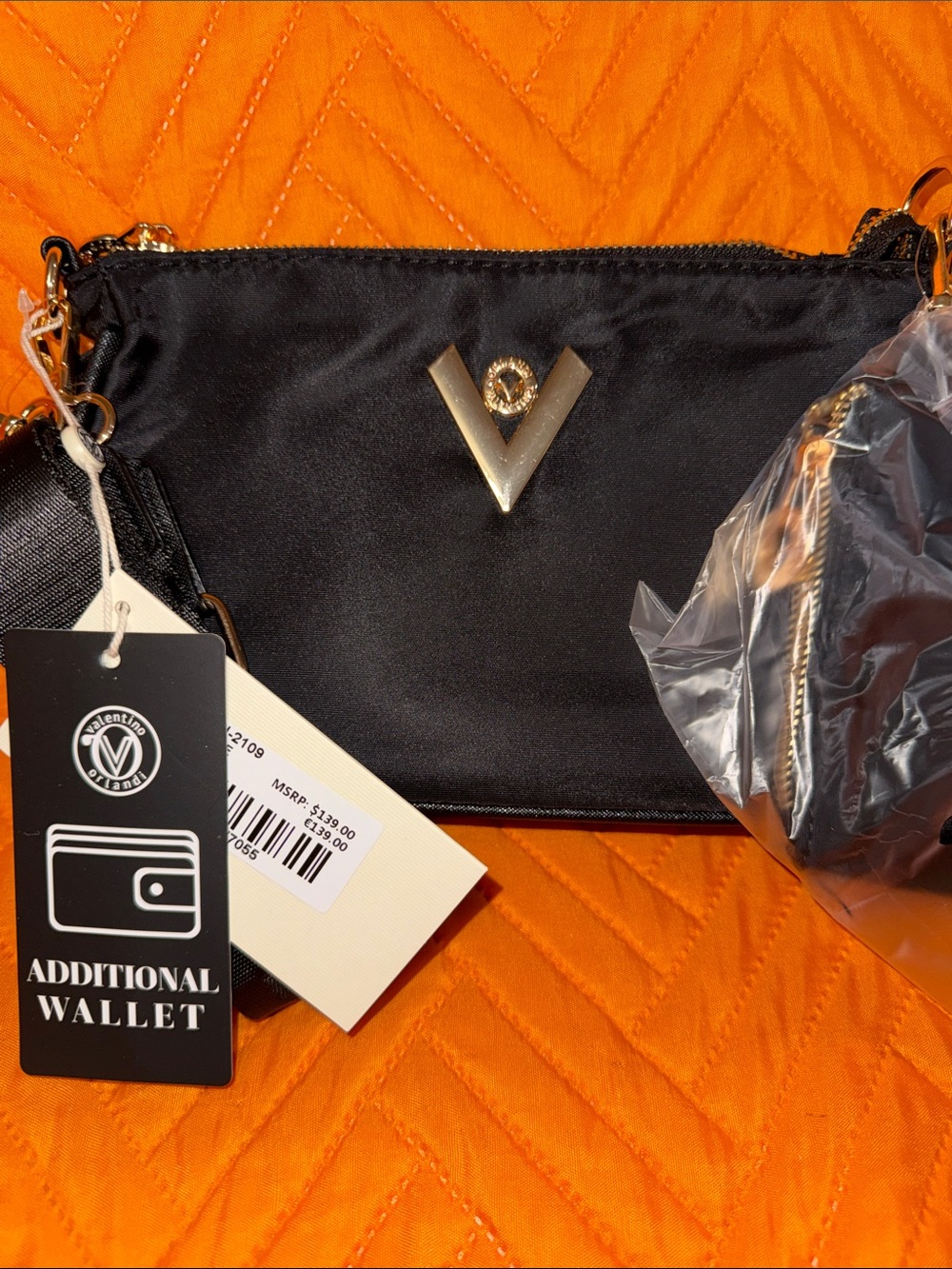 Valentino Black Nylon Crossbody with Gold V Emblem and Matching Wallet